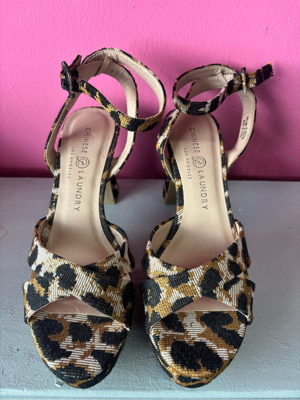 Chinese Laundry Black and Gold Leopard-Print Block Heel Sandals